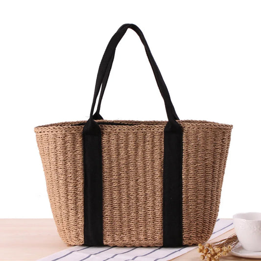 Trendy Straw Tote Bag – Handmade Woven Rattan Shoulder Beach Handbag