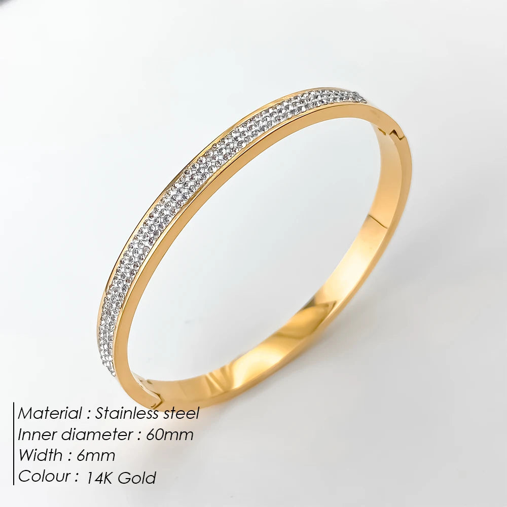 Stainless Steel Gold-Plated Bracelet – Waterproof Luxury Bangle with Rhinestones
