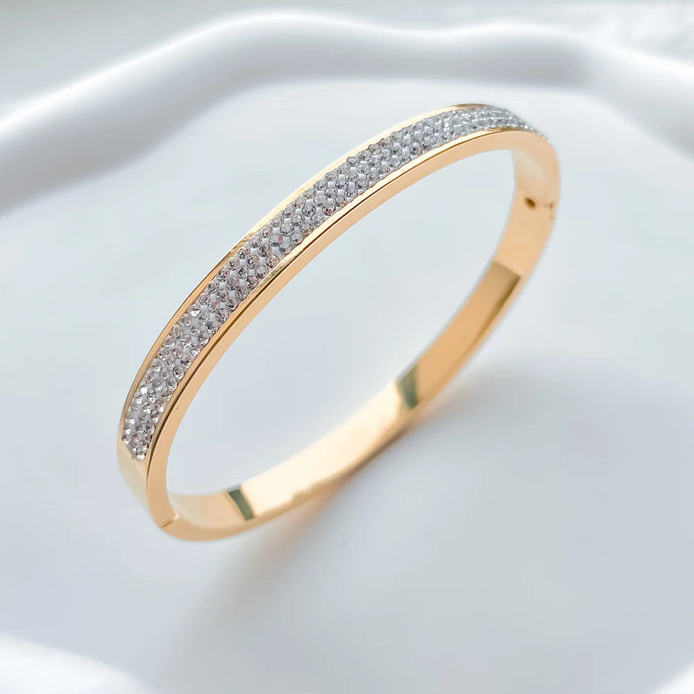 Stainless Steel Gold-Plated Bracelet – Waterproof Luxury Bangle with Rhinestones