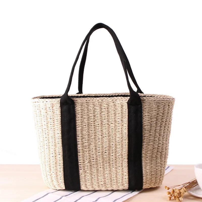 Trendy Straw Tote Bag – Handmade Woven Rattan Shoulder Beach Handbag