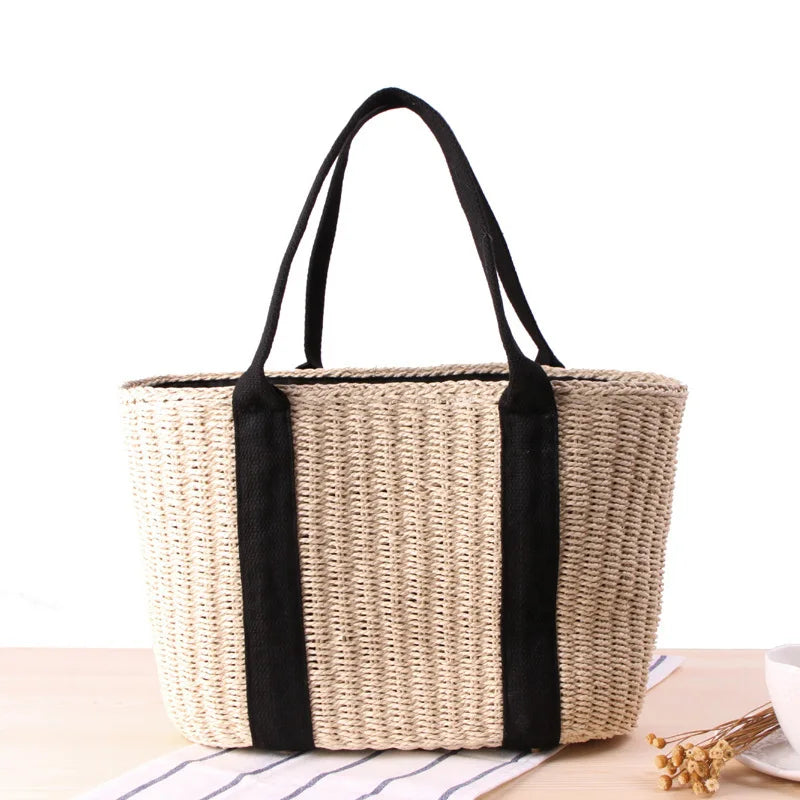 Trendy Straw Tote Bag – Handmade Woven Rattan Shoulder Beach Handbag