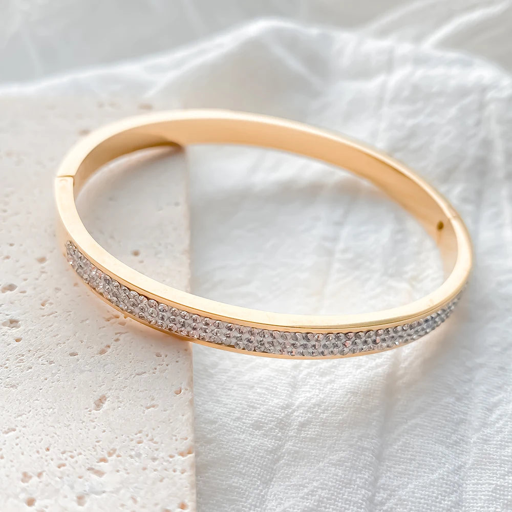 Stainless Steel Gold-Plated Bracelet – Waterproof Luxury Bangle with Rhinestones
